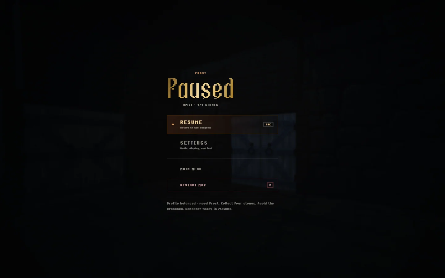 Pause menu over an active Frost dungeon