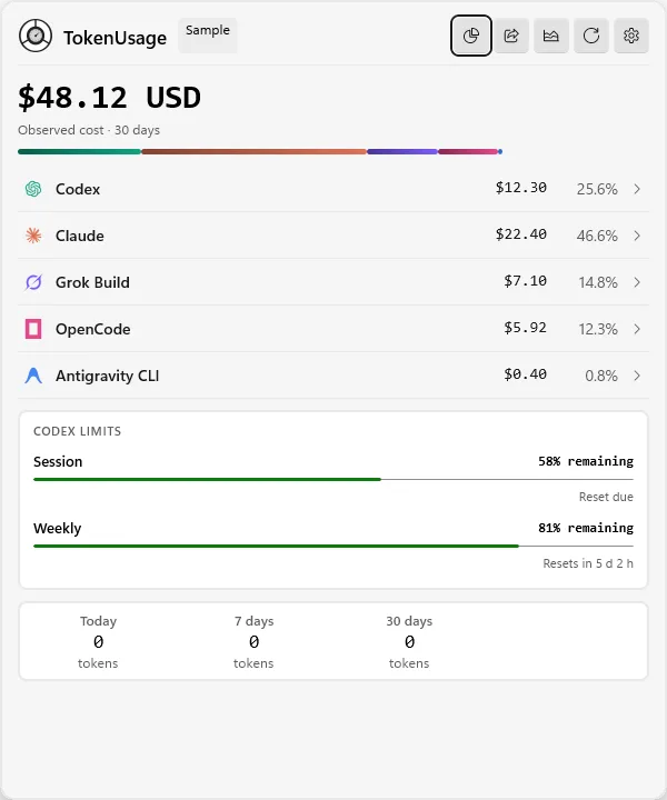 Compact dashboard with provider spend and Codex quota windows